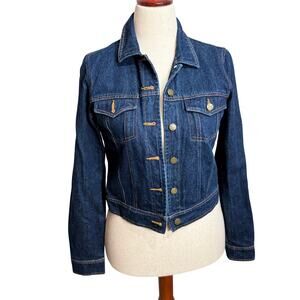 BCBG jean jacket dark blue denim 100% cotton  button up collar pockets Sz S